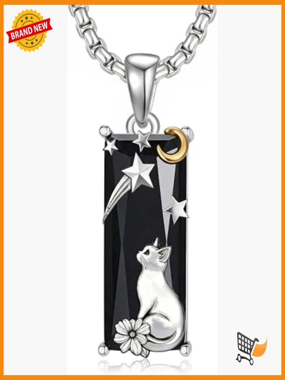Sterling Silver Black Agate Cat Pendant Necklace - Gothic Bar Pendant